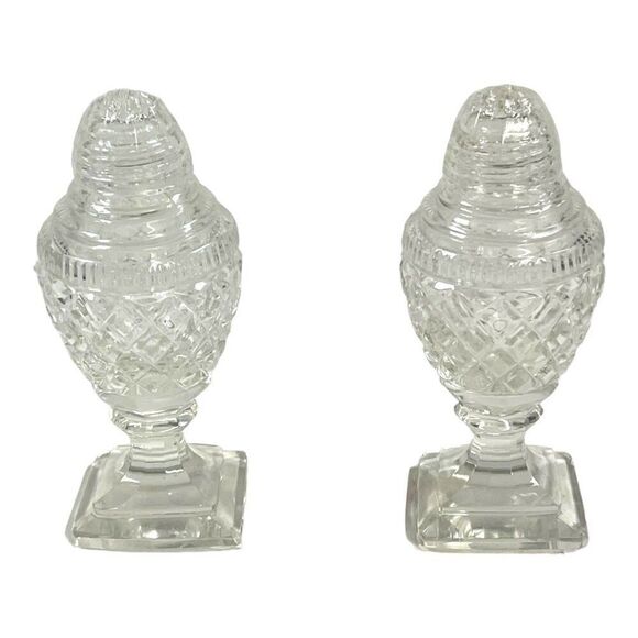 Vintage Crystal Salt & Pepper Shakers Diamond Cut Pattern 4.5" Square Base - Picture 2 of 5